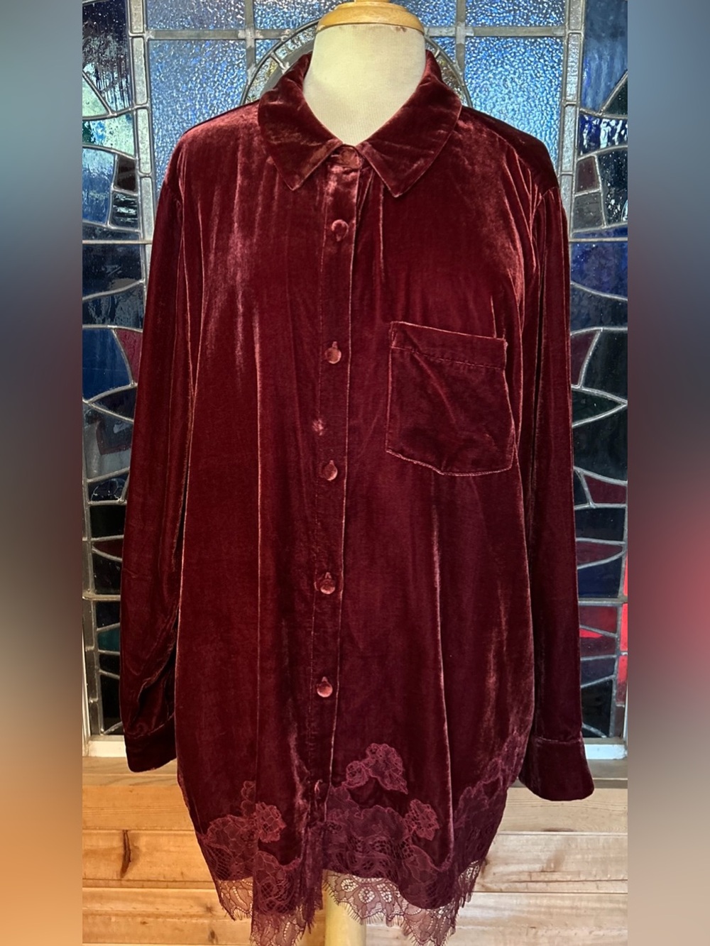 Soft Surroundings Velvet Lace-Trim Button-Up Shirt Blouse Burgundy Plus Size 3XL
